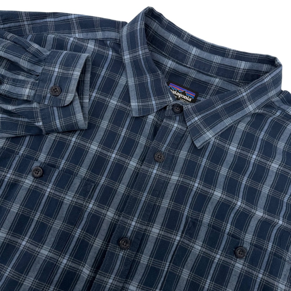 Patagonia Fjord Flannel Shirt Men XL Blue Plaid Organic Cotton Long Sleev Pocket